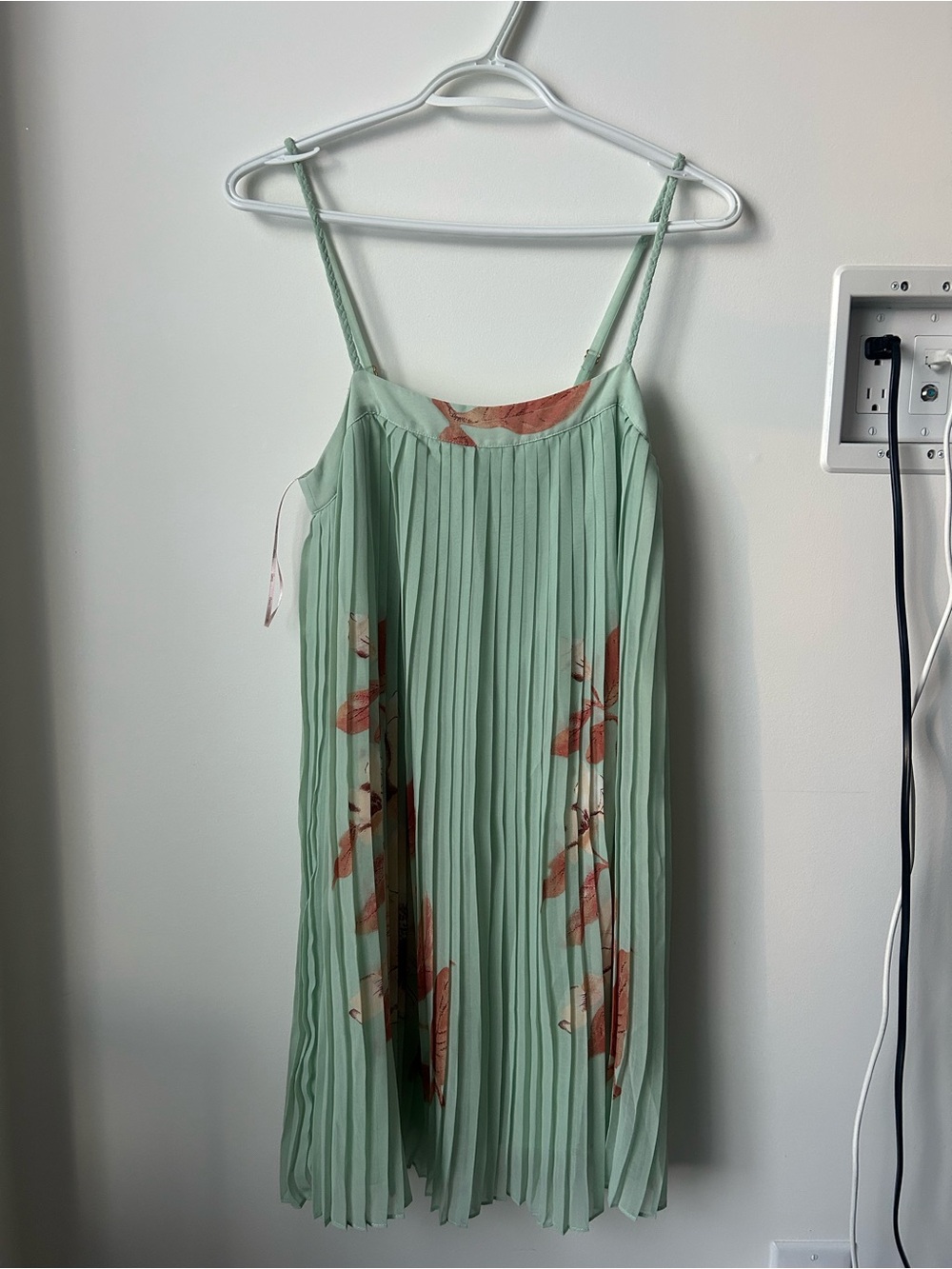 Pleated Spaghetti-Strap Dress in Mint with Floral Accents